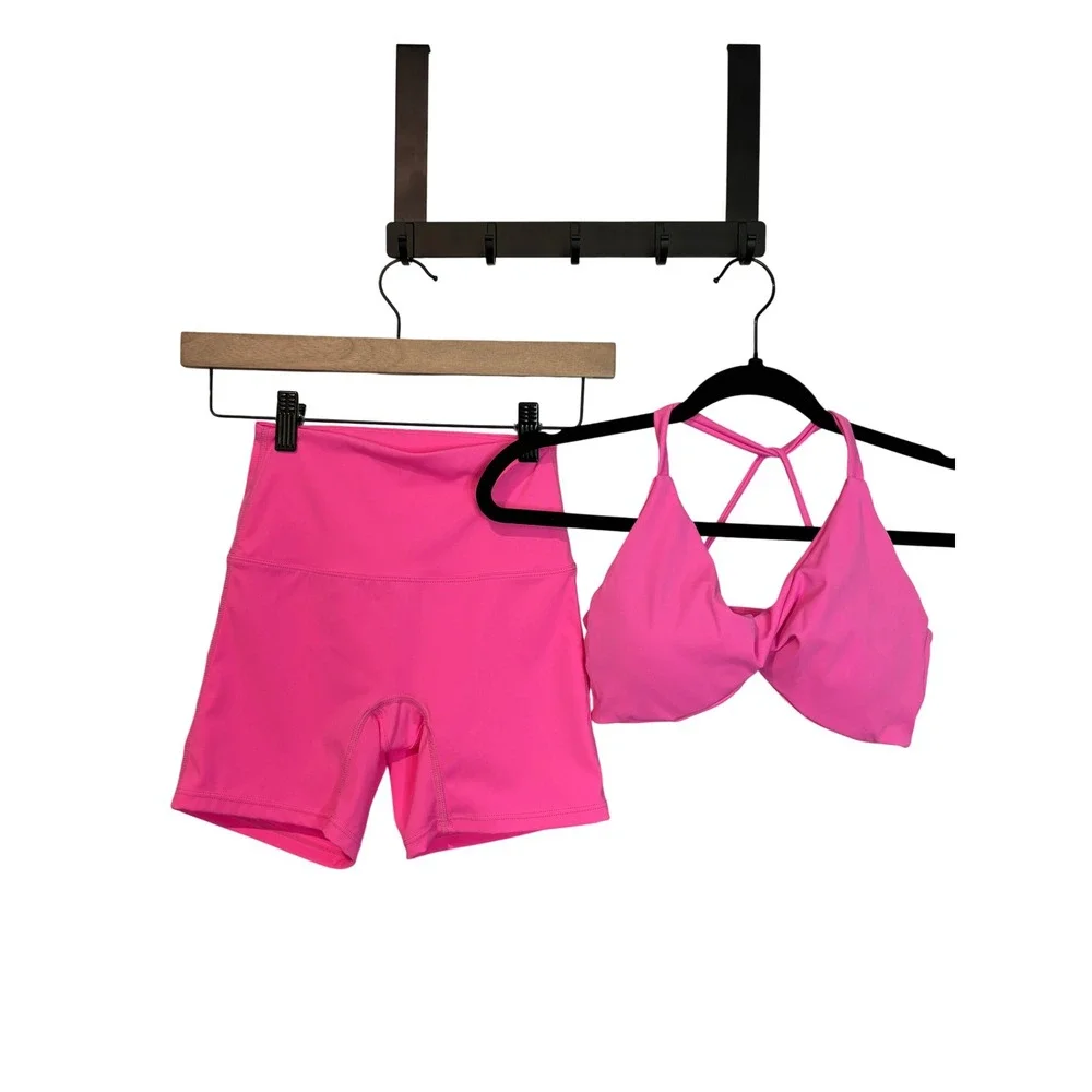Pink Activewear Set Biker Shorts & Strappy Sports Bra Size S